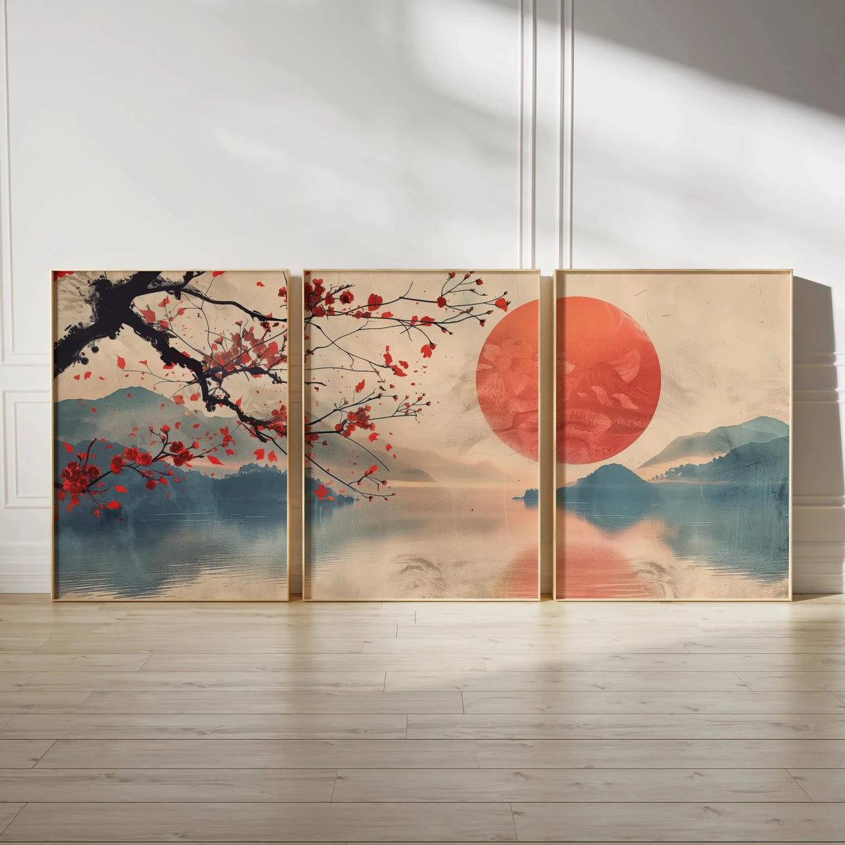 Japanese Zen Landscape Wall Art Set | Minimalist Cherry Blossom Canvas Prints – 3-Piece Décor