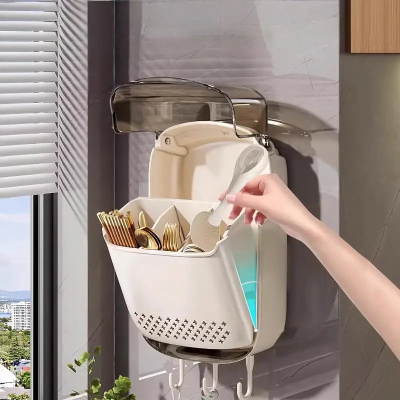 Wall-Mounted Kitchen Utensil Organizer with Dustproof Cover | Cutlery & Tableware Storage Rack