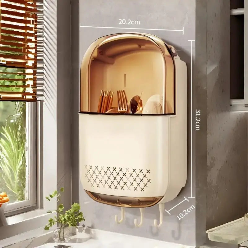 Wall-Mounted Kitchen Utensil Organizer with Dustproof Cover | Cutlery & Tableware Storage Rack