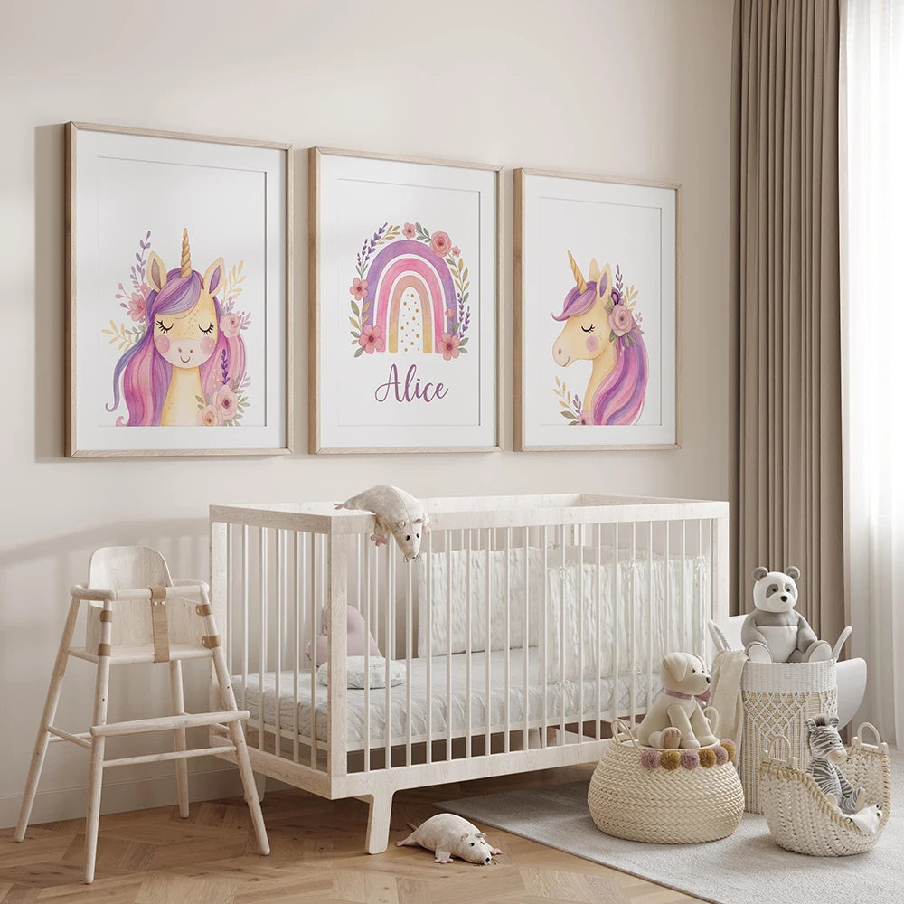 Custom Name Purple Unicorn Nursery Prints Poster Girls Bedroom Decor Wall Art Rainbow Unicorn Print Decor Birthday Gift Poster