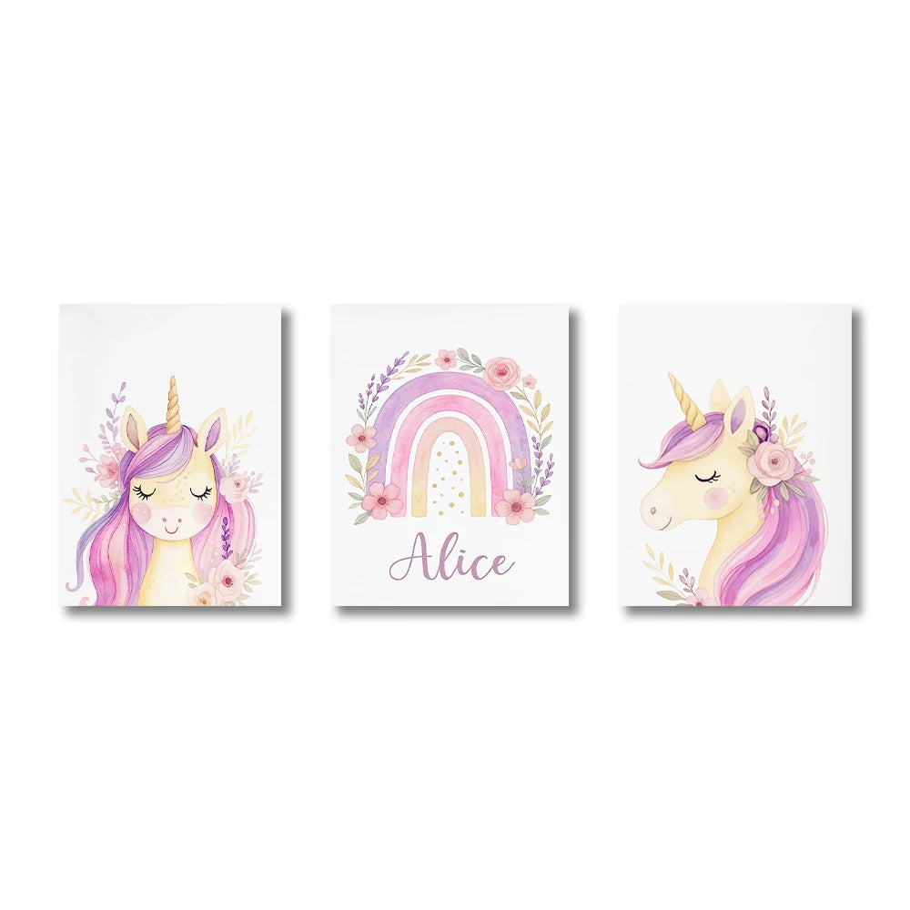 Custom Name Purple Unicorn Nursery Prints Poster Girls Bedroom Decor Wall Art Rainbow Unicorn Print Decor Birthday Gift Poster