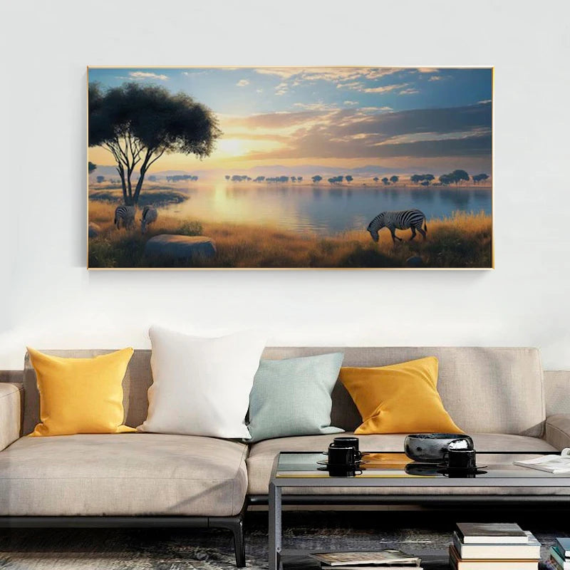 Zebras Poster and Prints Natural Scenery Wild Animal Art Canvas Painting Wall Art Picture for Living Room Home Decor No Frame