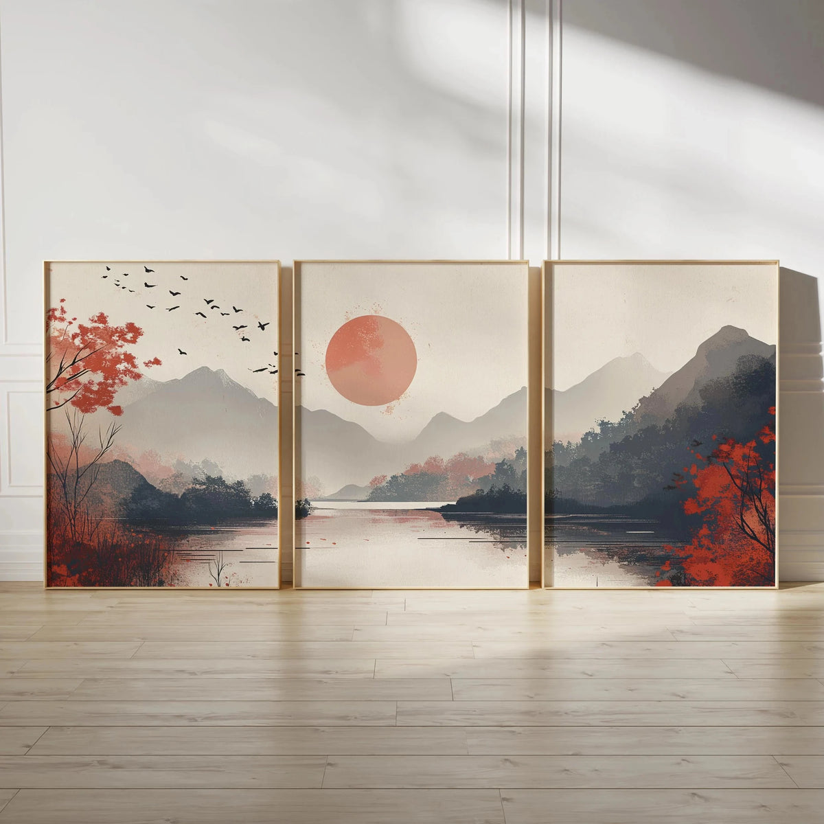Japanese Zen Landscape Wall Art Set | Minimalist Cherry Blossom Canvas Prints – 3-Piece Décor