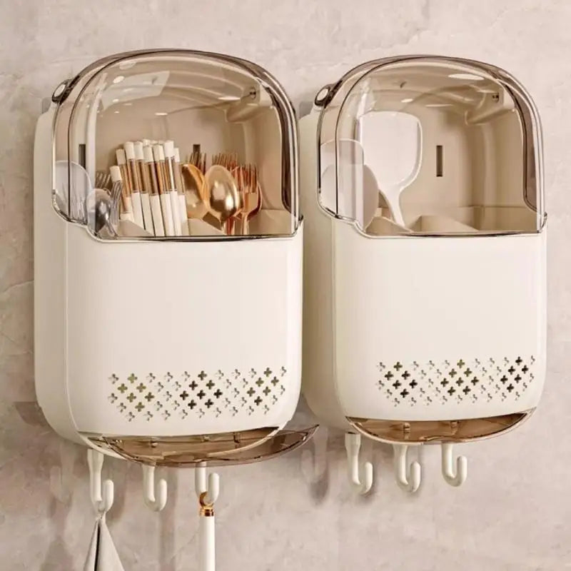 Wall-Mounted Kitchen Utensil Organizer with Dustproof Cover | Cutlery & Tableware Storage Rack