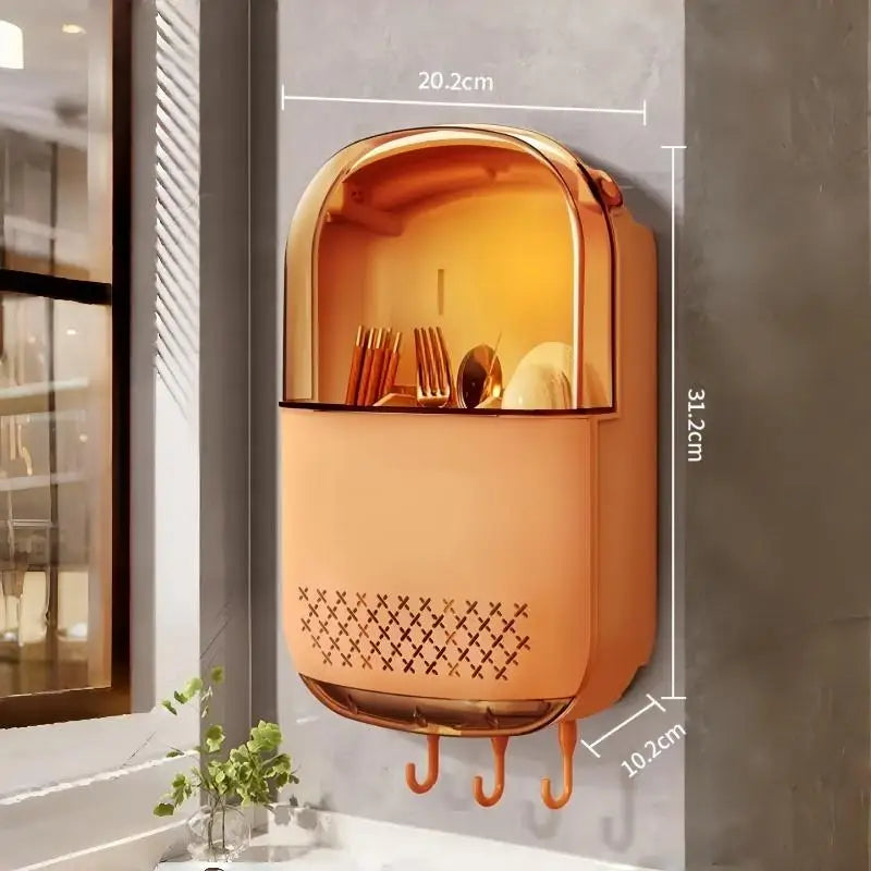 Wall-Mounted Kitchen Utensil Organizer with Dustproof Cover | Cutlery & Tableware Storage Rack