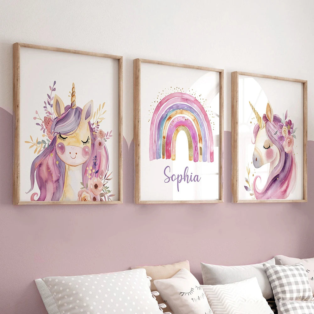 Custom Name Purple Unicorn Nursery Prints Poster Girls Bedroom Decor Wall Art Rainbow Unicorn Print Decor Birthday Gift Poster