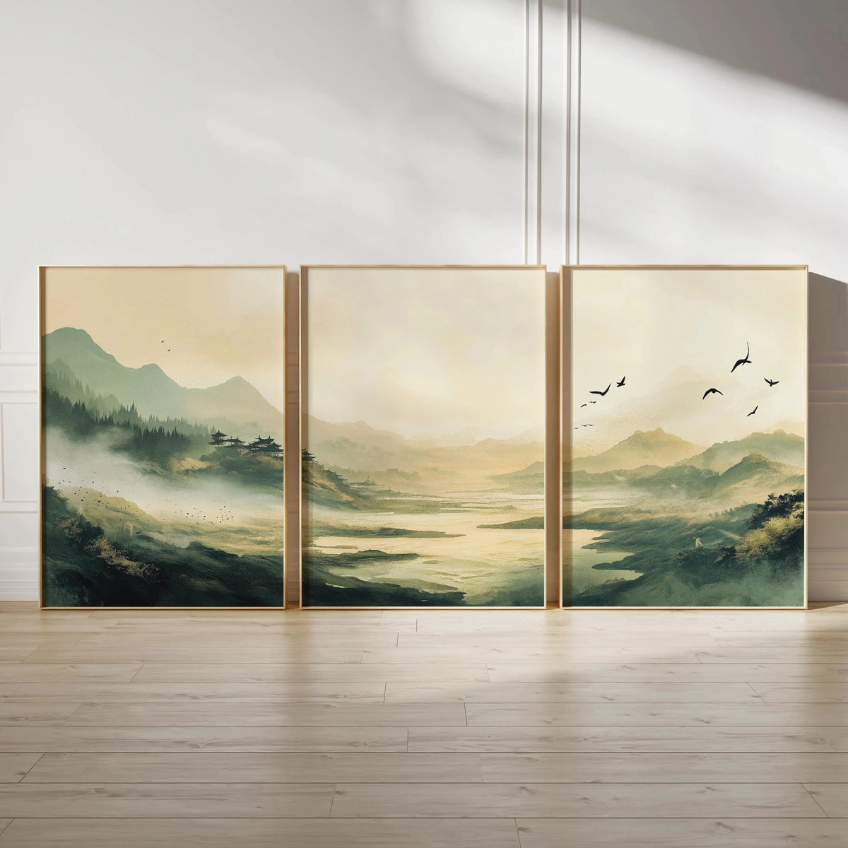 Japanese Zen Landscape Wall Art Set | Minimalist Cherry Blossom Canvas Prints – 3-Piece Décor