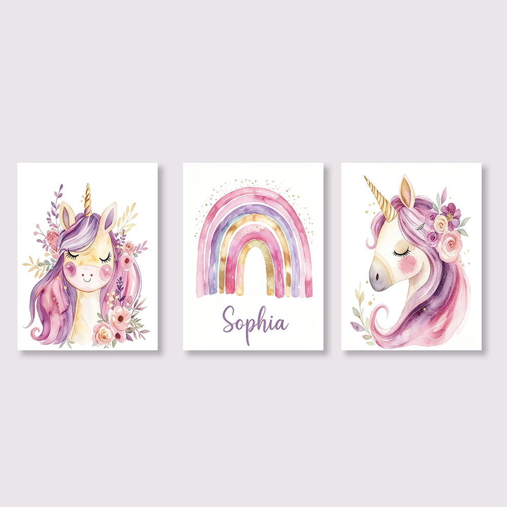 Custom Name Purple Unicorn Nursery Prints Poster Girls Bedroom Decor Wall Art Rainbow Unicorn Print Decor Birthday Gift Poster