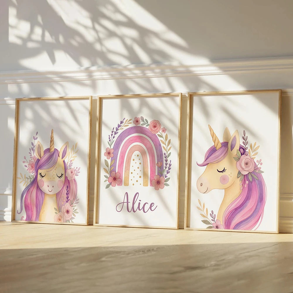 Custom Name Purple Unicorn Nursery Prints Poster Girls Bedroom Decor Wall Art Rainbow Unicorn Print Decor Birthday Gift Poster