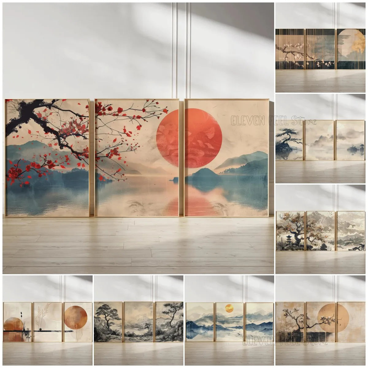 Japanese Zen Landscape Wall Art Set | Minimalist Cherry Blossom Canvas Prints – 3-Piece Décor