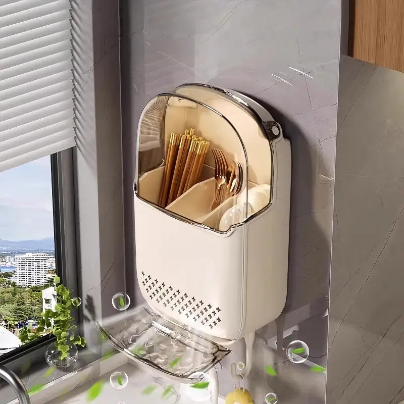 Wall-Mounted Kitchen Utensil Organizer with Dustproof Cover | Cutlery & Tableware Storage Rack