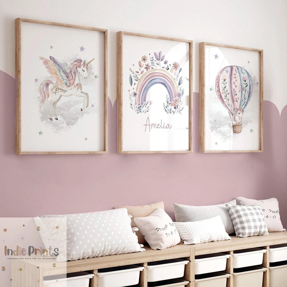 Custom Name Purple Unicorn Nursery Prints Poster Girls Bedroom Decor Wall Art Rainbow Unicorn Print Decor Birthday Gift Poster