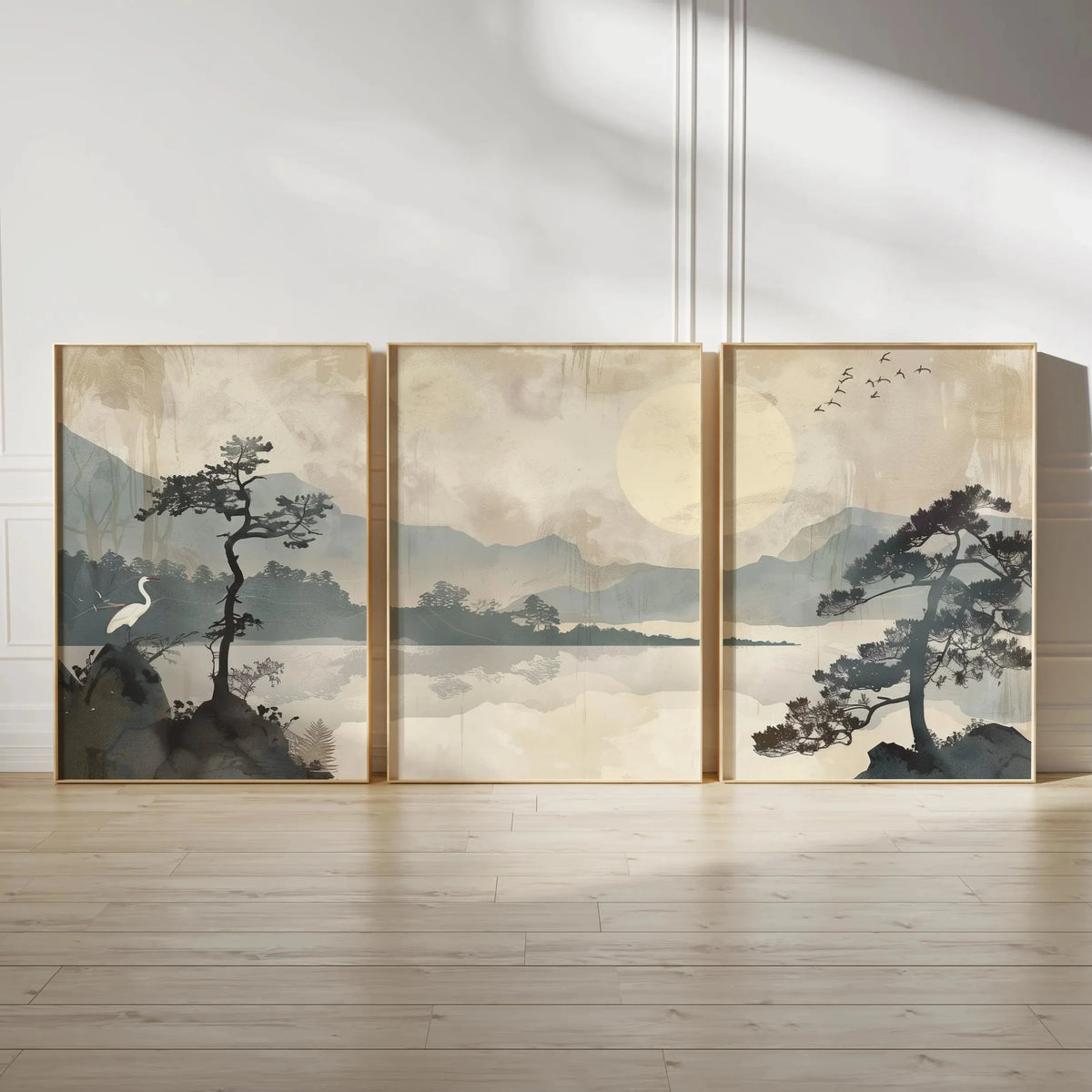 Japanese Zen Landscape Wall Art Set | Minimalist Cherry Blossom Canvas Prints – 3-Piece Décor