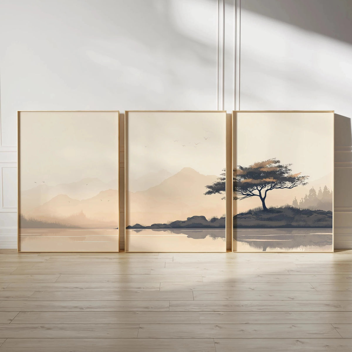 Japanese Zen Landscape Wall Art Set | Minimalist Cherry Blossom Canvas Prints – 3-Piece Décor