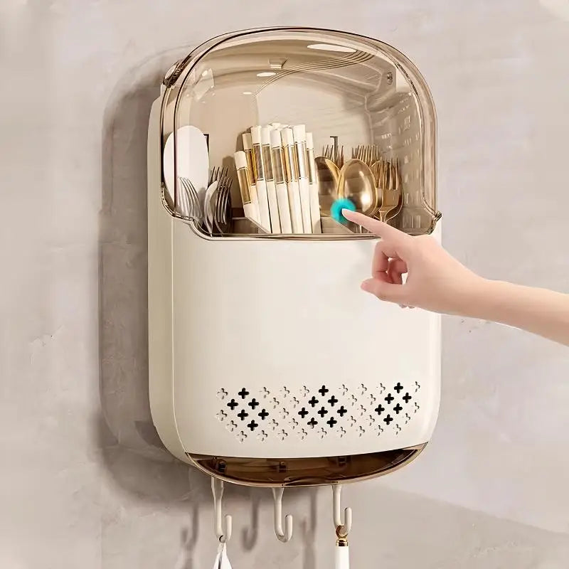 Wall-Mounted Kitchen Utensil Organizer with Dustproof Cover | Cutlery & Tableware Storage Rack