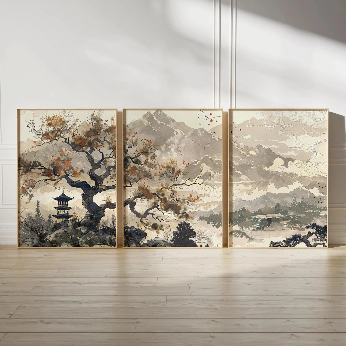 Japanese Zen Landscape Wall Art Set | Minimalist Cherry Blossom Canvas Prints – 3-Piece Décor