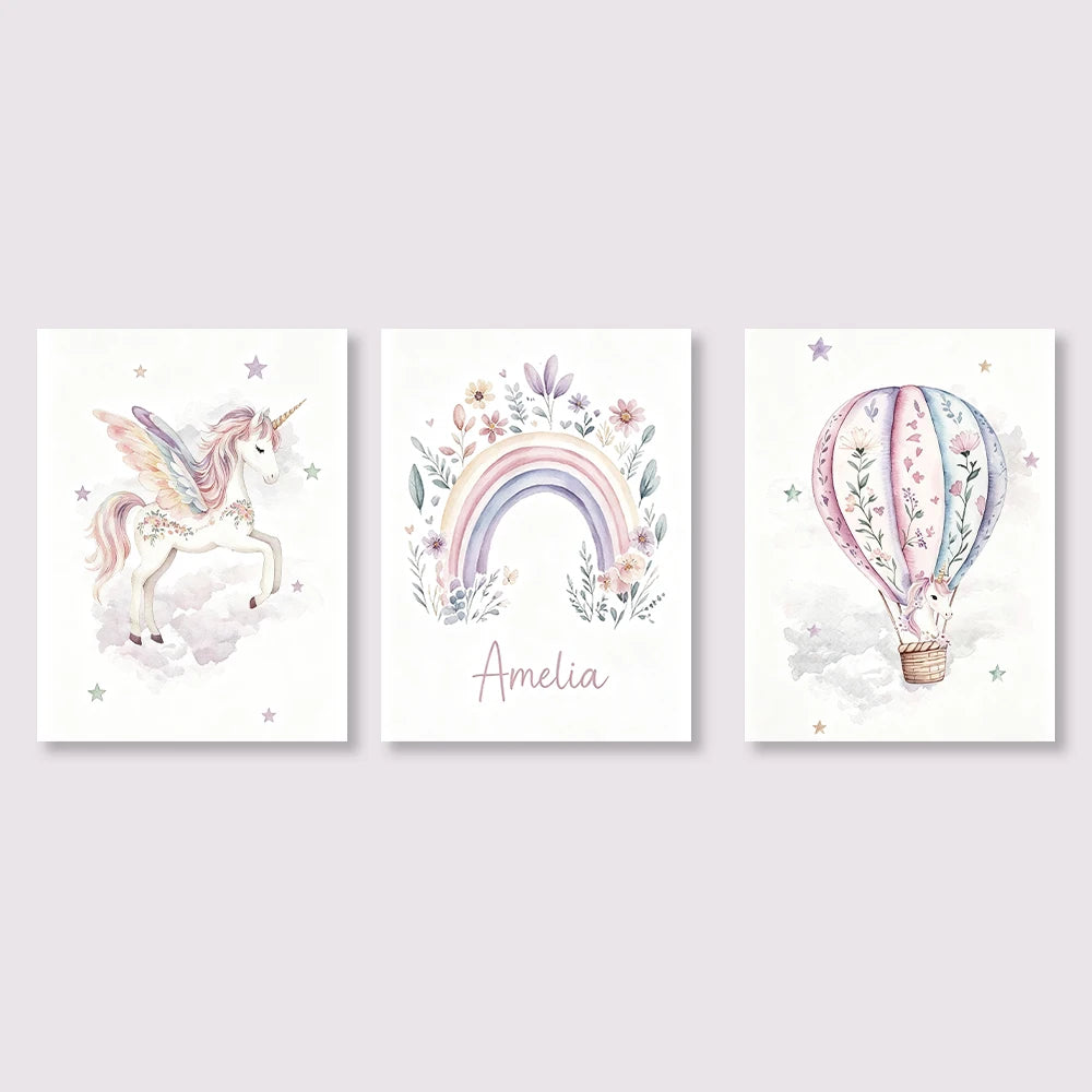 Custom Name Purple Unicorn Nursery Prints Poster Girls Bedroom Decor Wall Art Rainbow Unicorn Print Decor Birthday Gift Poster