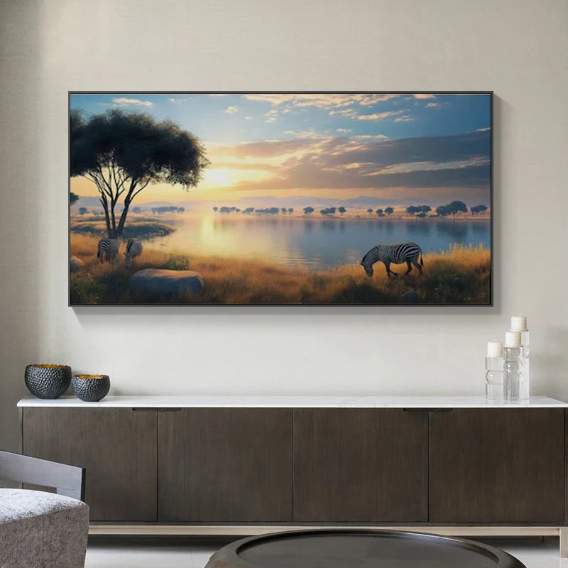 Zebras Poster and Prints Natural Scenery Wild Animal Art Canvas Painting Wall Art Picture for Living Room Home Decor No Frame