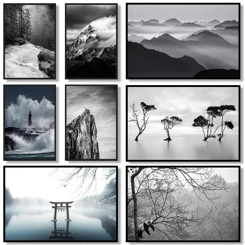 Modern Black  White Landscape Canvas Prints  Mountain Lake Scenery Wall Art for Living Room Decor