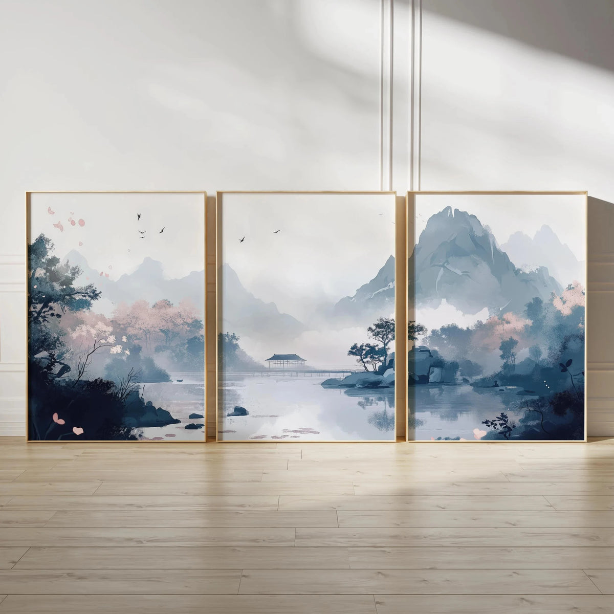 Japanese Zen Landscape Wall Art Set | Minimalist Cherry Blossom Canvas Prints – 3-Piece Décor