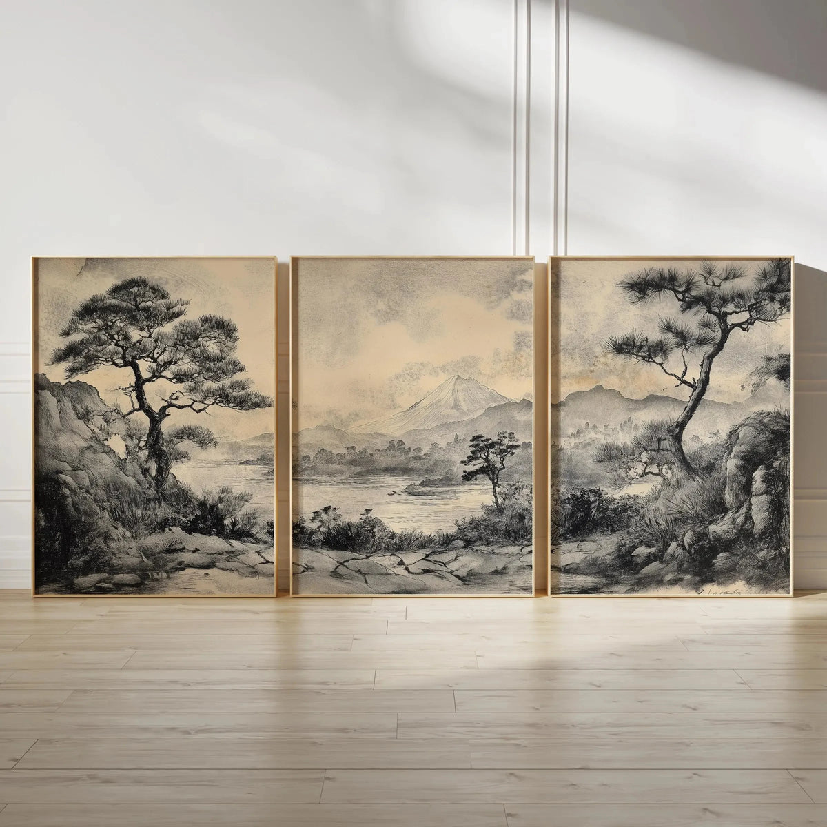 Japanese Zen Landscape Wall Art Set | Minimalist Cherry Blossom Canvas Prints – 3-Piece Décor