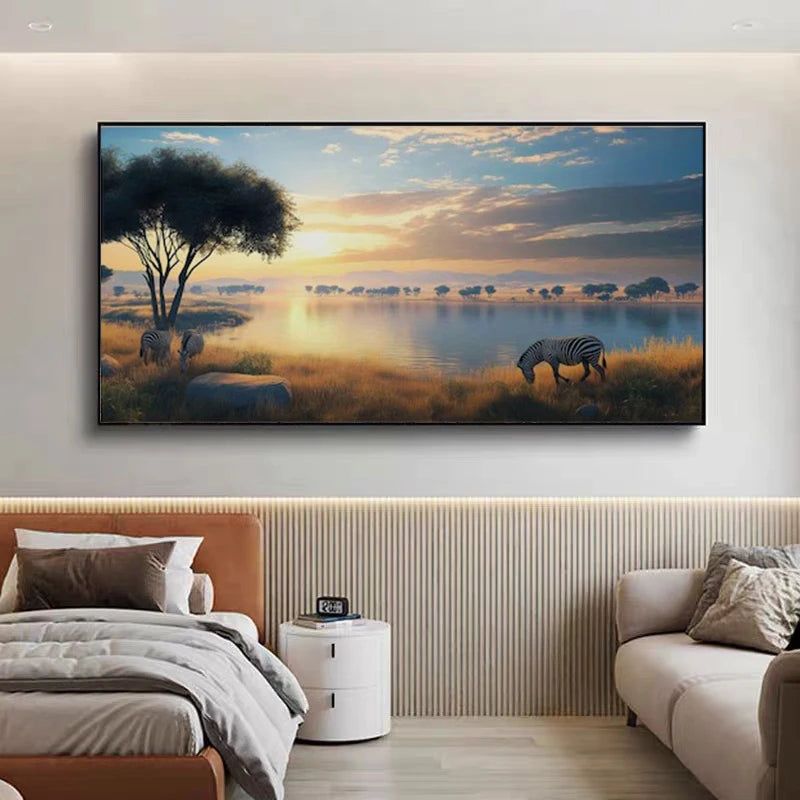 Zebras Poster and Prints Natural Scenery Wild Animal Art Canvas Painting Wall Art Picture for Living Room Home Decor No Frame