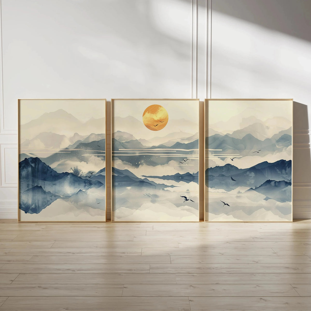 Japanese Zen Landscape Wall Art Set | Minimalist Cherry Blossom Canvas Prints – 3-Piece Décor