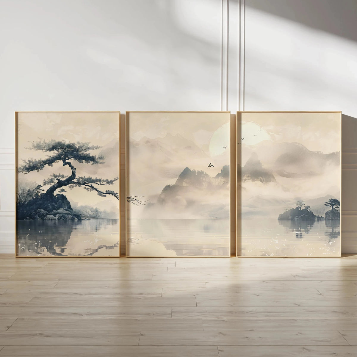 Japanese Zen Landscape Wall Art Set | Minimalist Cherry Blossom Canvas Prints – 3-Piece Décor