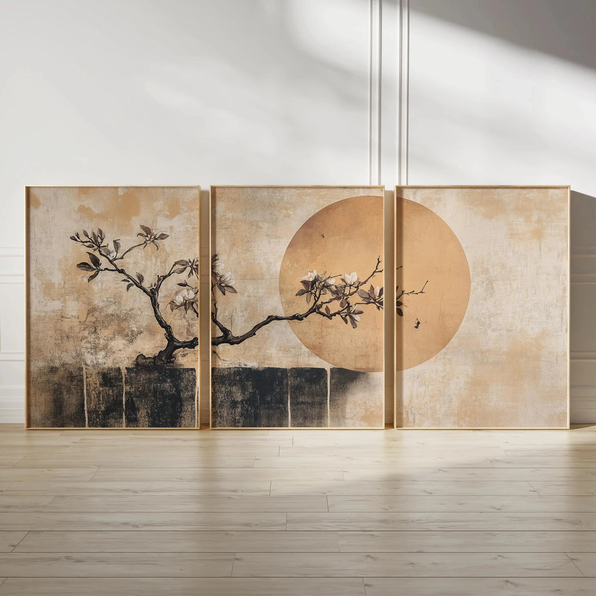 Japanese Zen Landscape Wall Art Set | Minimalist Cherry Blossom Canvas Prints – 3-Piece Décor