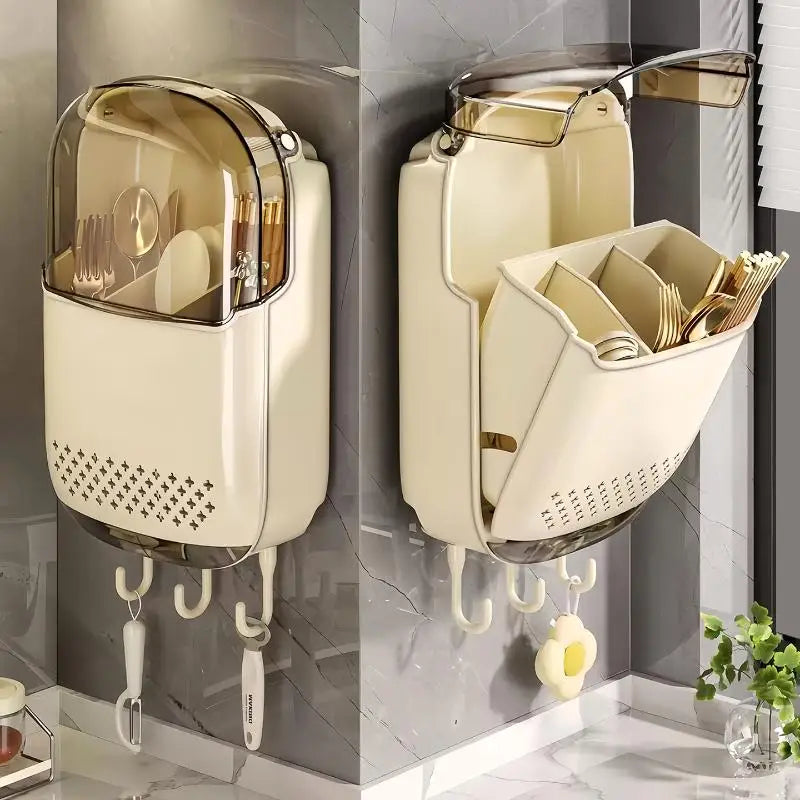 Wall-Mounted Kitchen Utensil Organizer with Dustproof Cover | Cutlery & Tableware Storage Rack