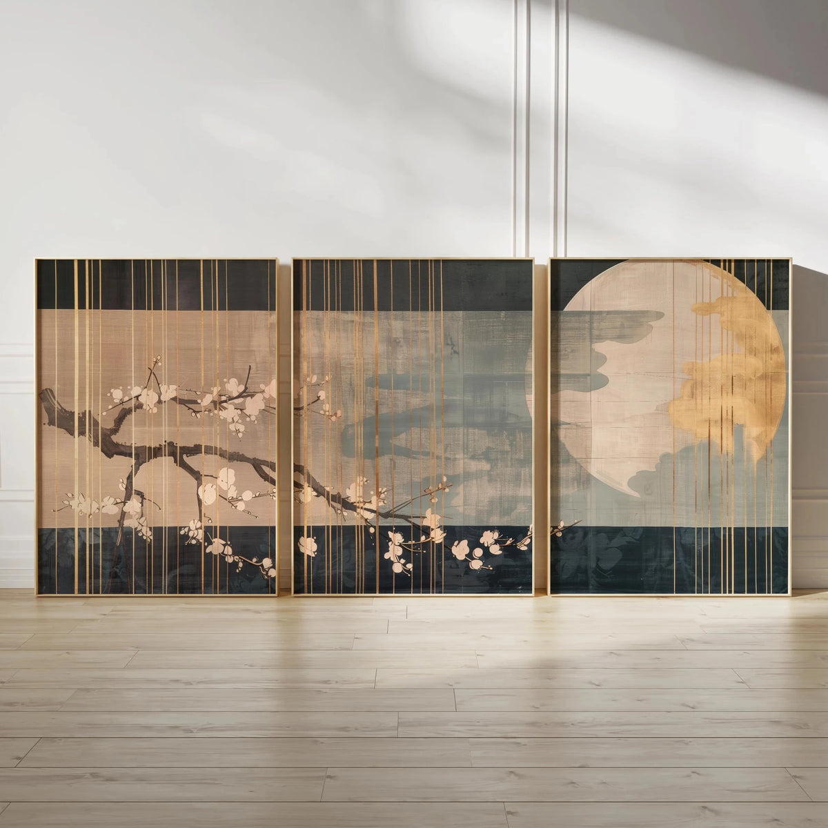 Japanese Zen Landscape Wall Art Set | Minimalist Cherry Blossom Canvas Prints – 3-Piece Décor