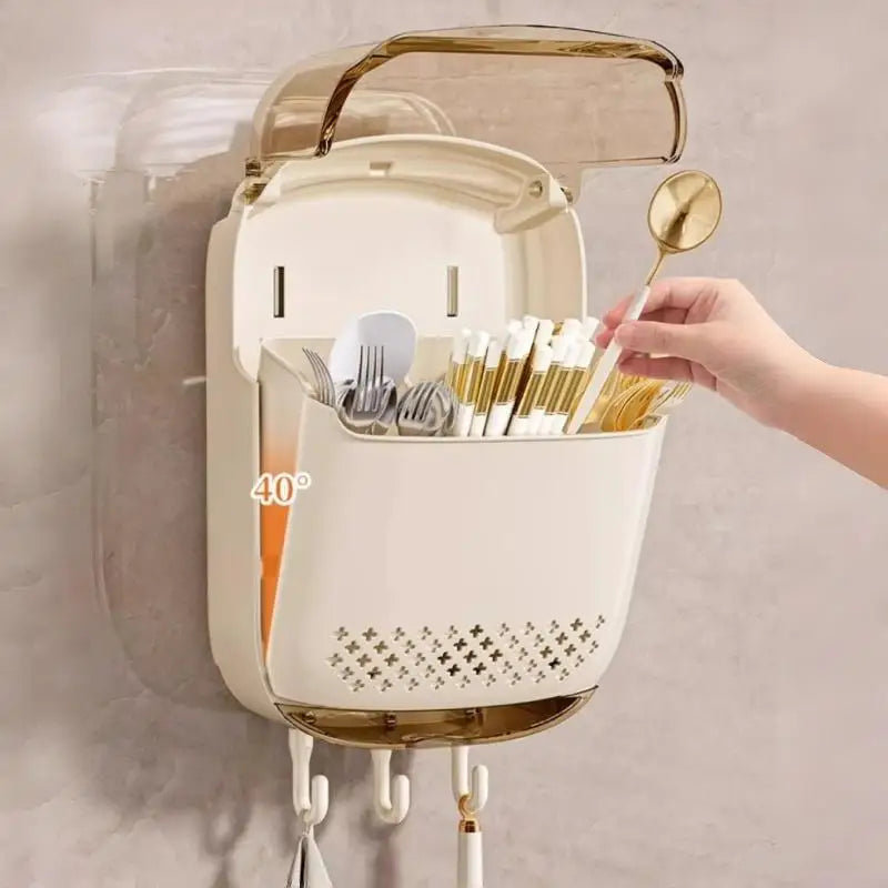 Wall-Mounted Kitchen Utensil Organizer with Dustproof Cover | Cutlery & Tableware Storage Rack