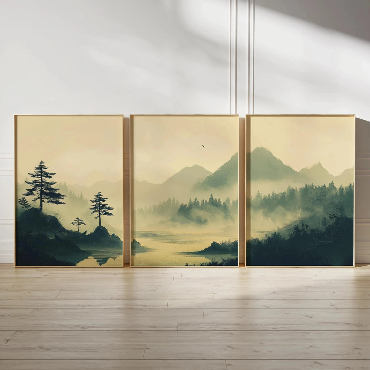 Japanese Zen Landscape Wall Art Set | Minimalist Cherry Blossom Canvas Prints – 3-Piece Décor