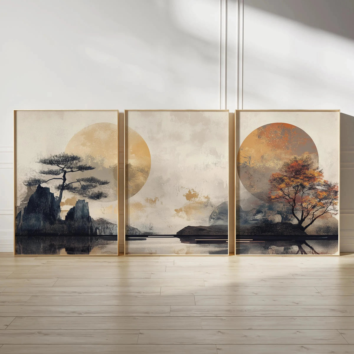 Japanese Zen Landscape Wall Art Set | Minimalist Cherry Blossom Canvas Prints – 3-Piece Décor