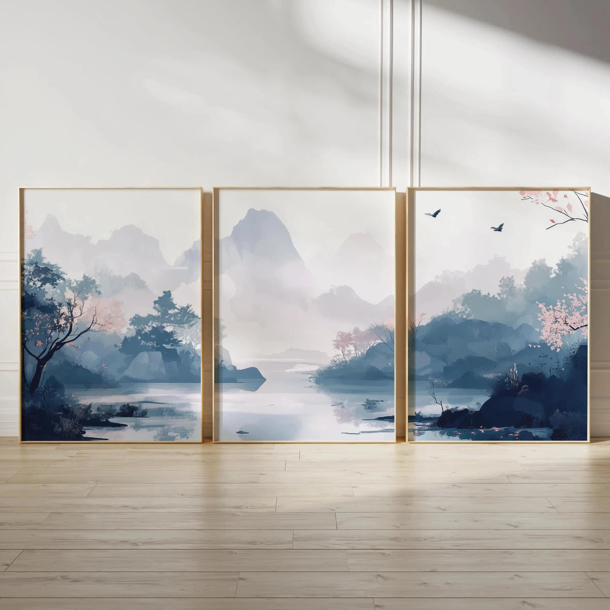 Japanese Zen Landscape Wall Art Set | Minimalist Cherry Blossom Canvas Prints – 3-Piece Décor