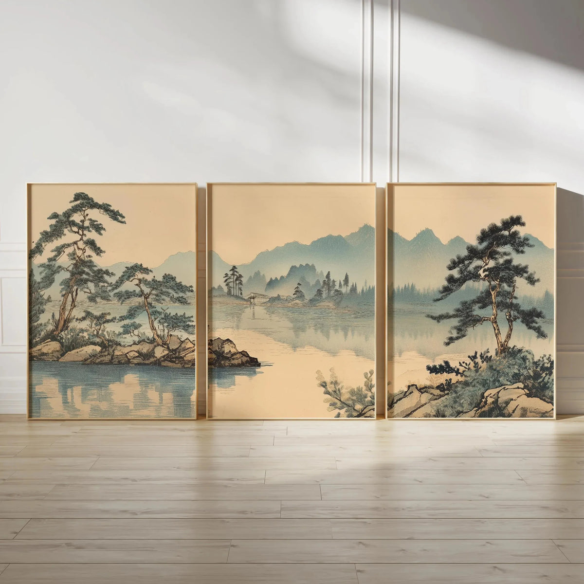 Japanese Zen Landscape Wall Art Set | Minimalist Cherry Blossom Canvas Prints – 3-Piece Décor